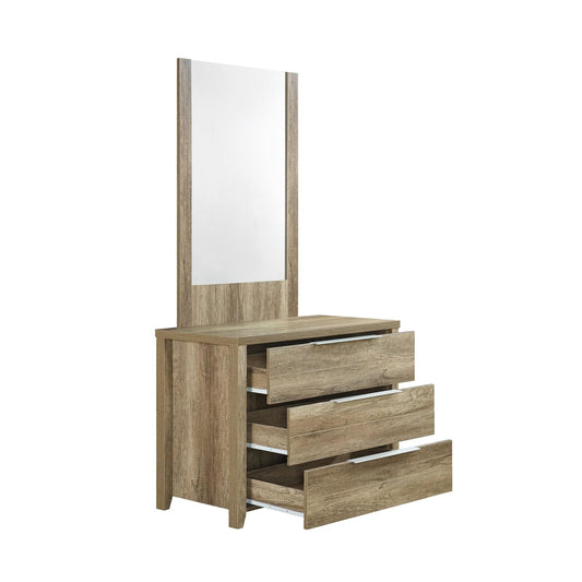 Dresser with standing mirror and three drawers, oak-tone wood finish
