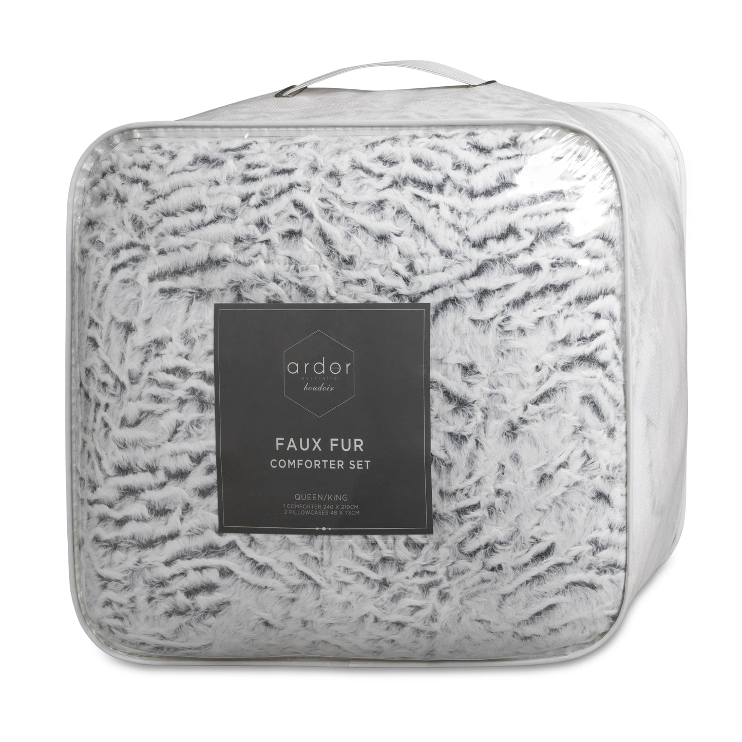 Light gray faux fur sherpa comforter set in zippered bag with product label