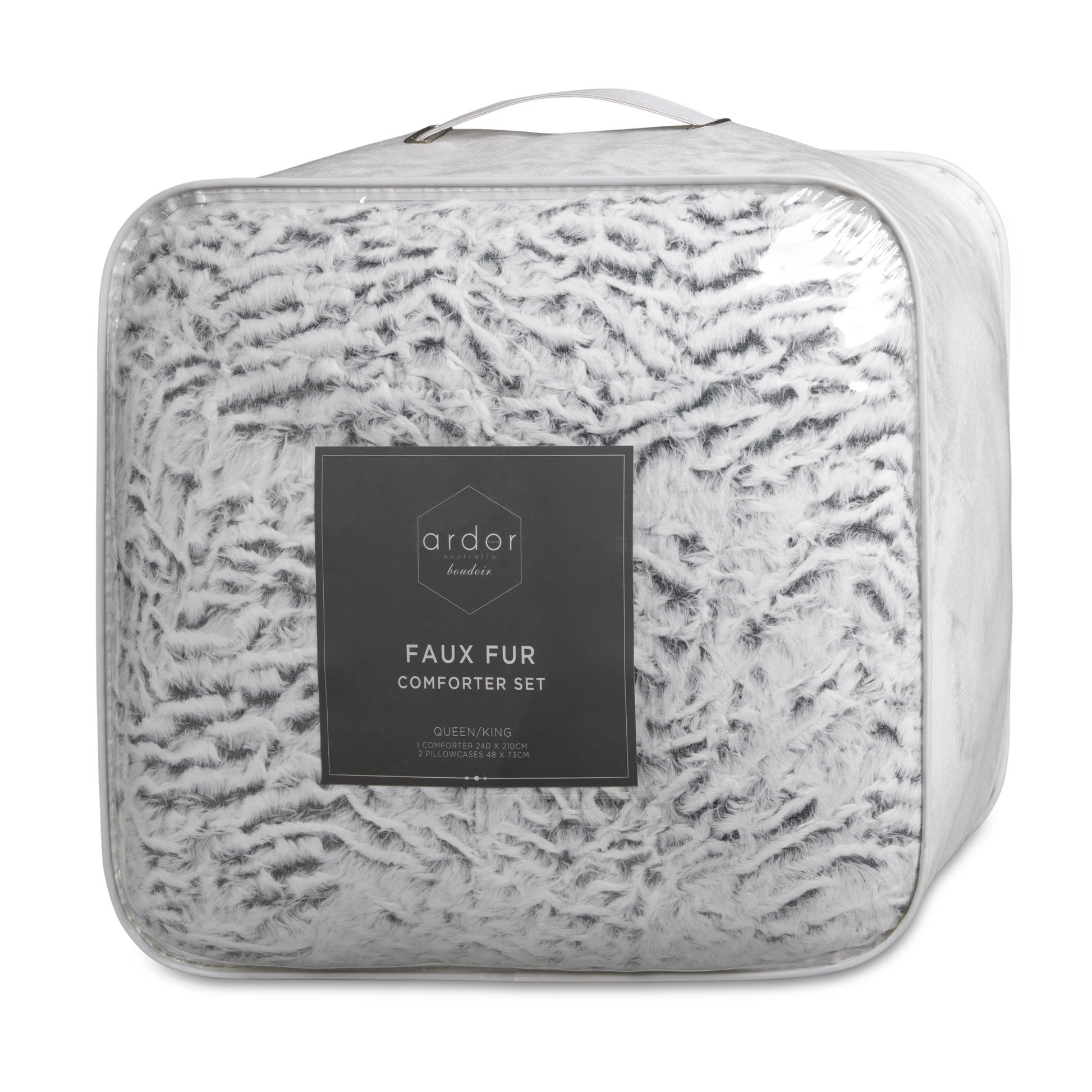 Light gray faux fur sherpa comforter set in zippered bag with product label