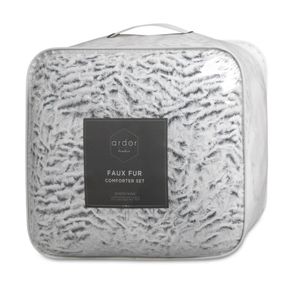Light gray faux fur sherpa comforter set in zippered bag with product label