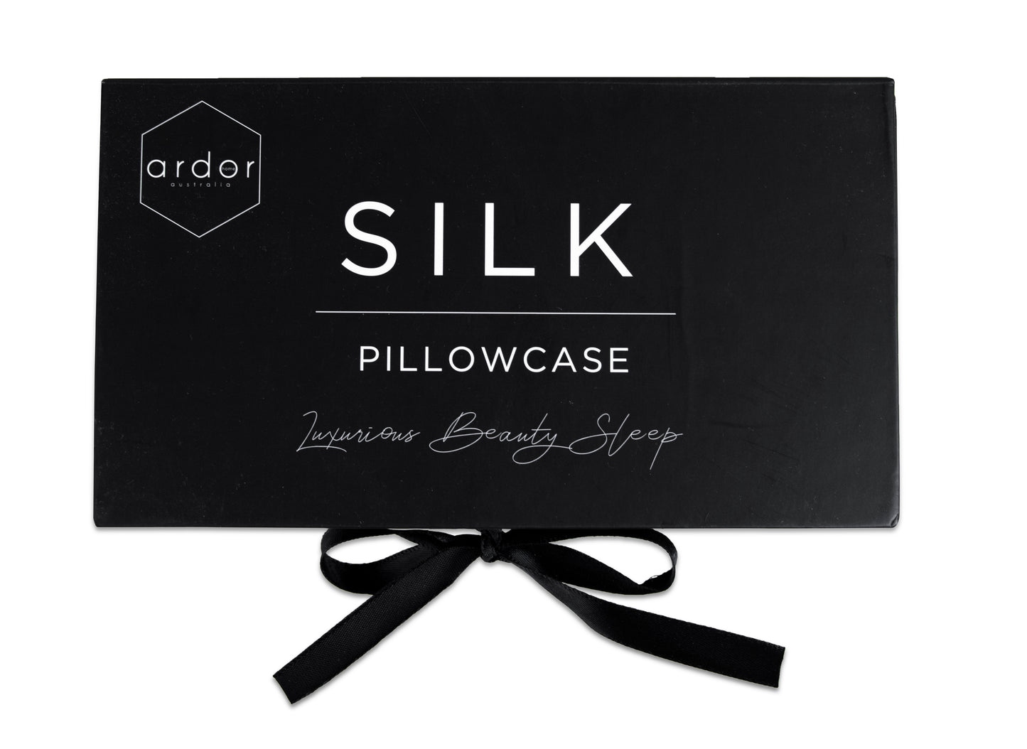 Silk pillowcase gift box in black with ribbon bow and brand lettering