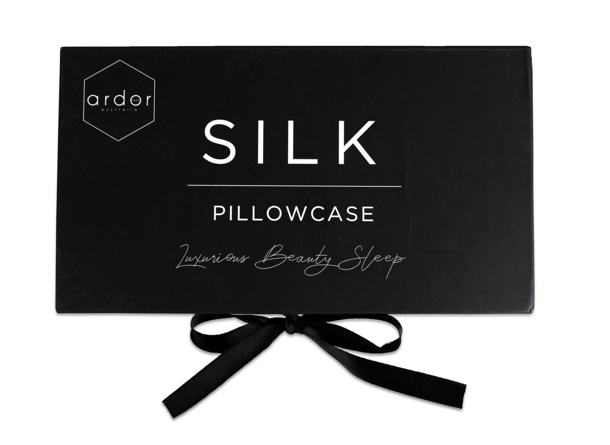 Silk pillowcase gift box in black with ribbon bow and brand lettering