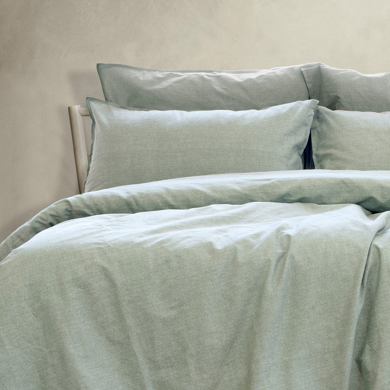King quilt cover set with two pillowcases, sage green linen-look cotton