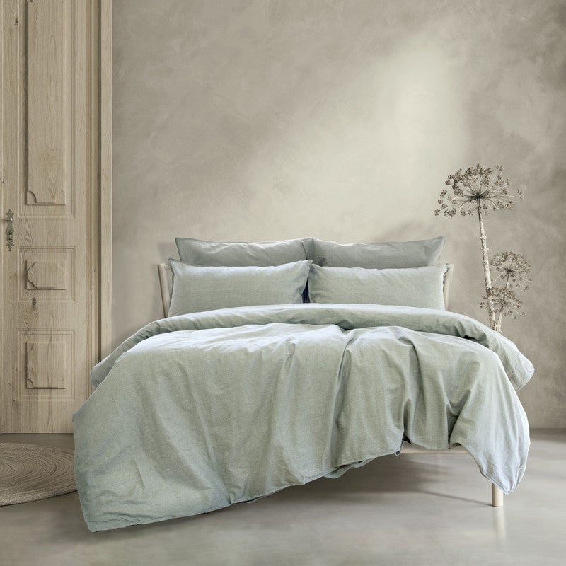 King quilt cover set with two pillowcases, sage green on bed