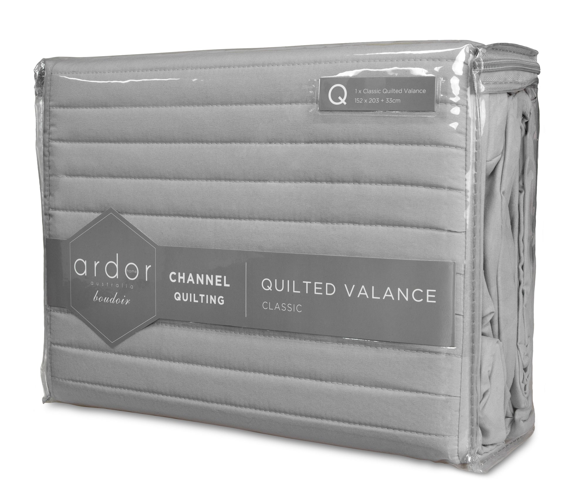 Quilted valance (King Single) gray in retail package, showing quilted channel design