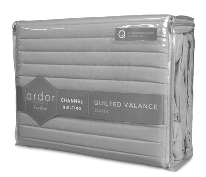Quilted valance (King Single) gray in retail package, showing quilted channel design