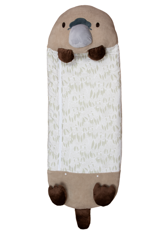 Puggle NATIVE NAPPER plush sleeping sack with white leafy fabric and brown paw trim
