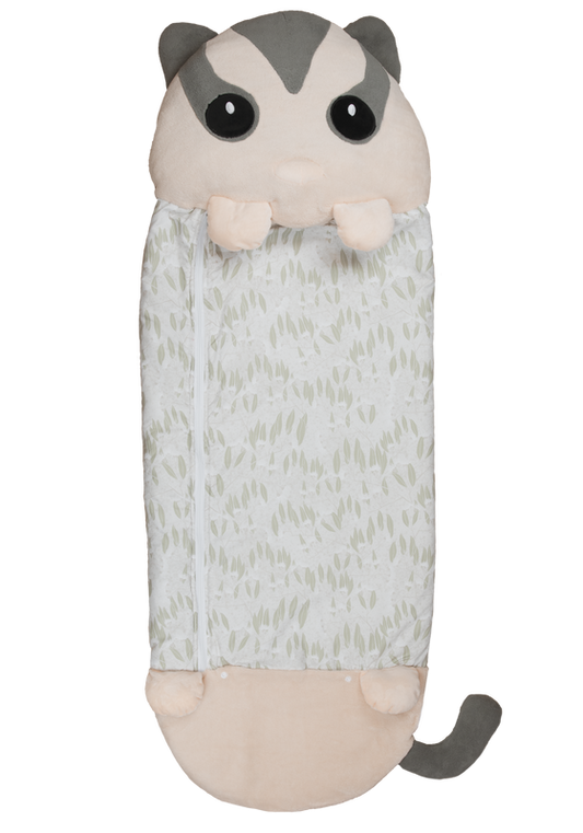 Plush raccoon-themed baby napper with green leaf fabric cover and stuffed arms