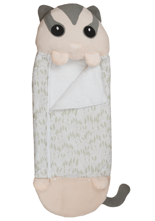 Plush raccoon baby napper with green leaf print lining and open hood blanket