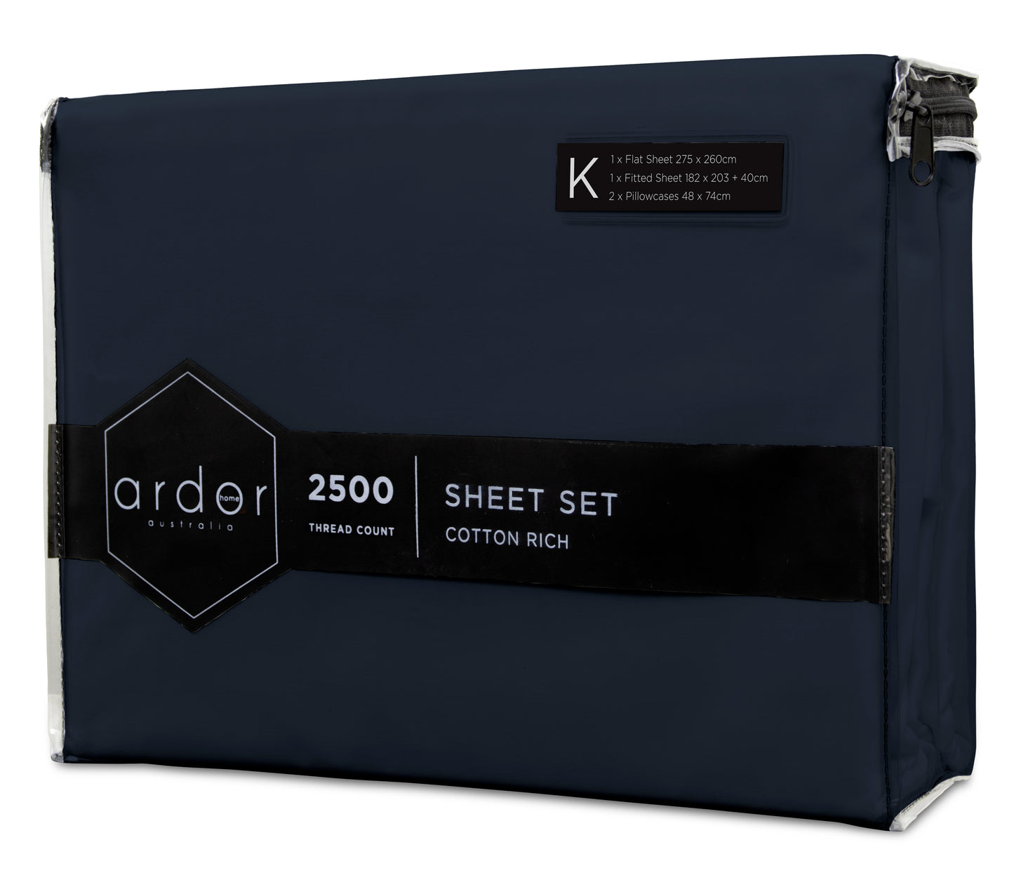King cotton-rich sheet set package in dark navy with product label