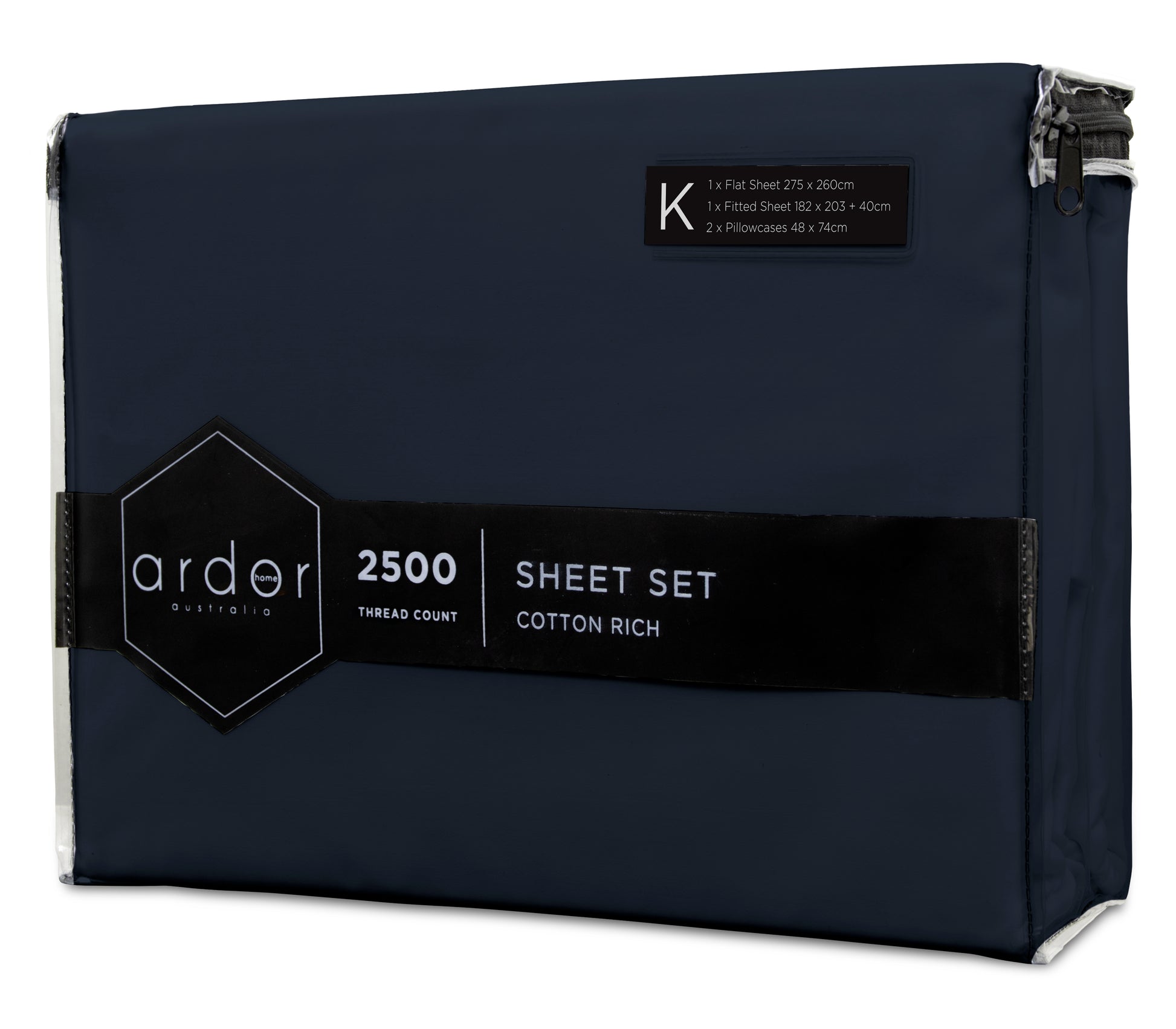 King cotton-rich sheet set package in dark navy with product label