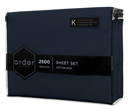 King cotton-rich sheet set package in dark navy with product label