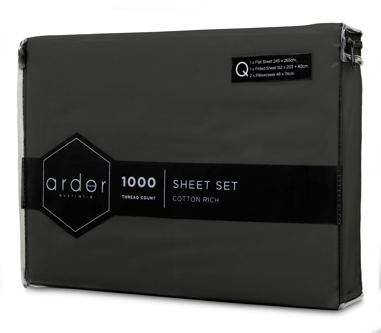Black Ardor 1000 sheet set package with product label on folded sheets