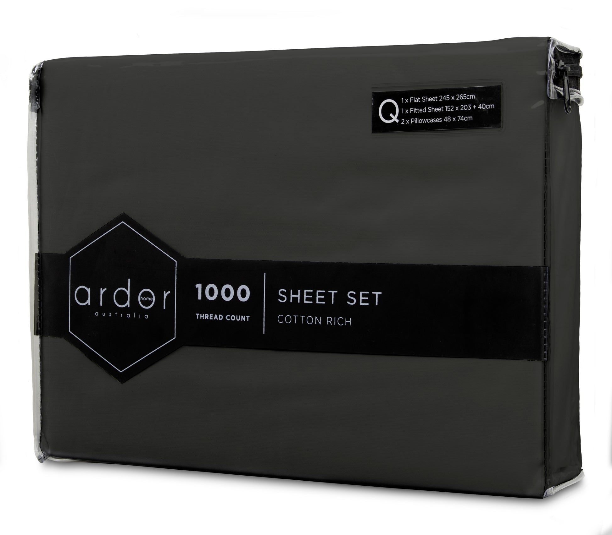 Black Ardor 1000 sheet set package with product label on folded sheets