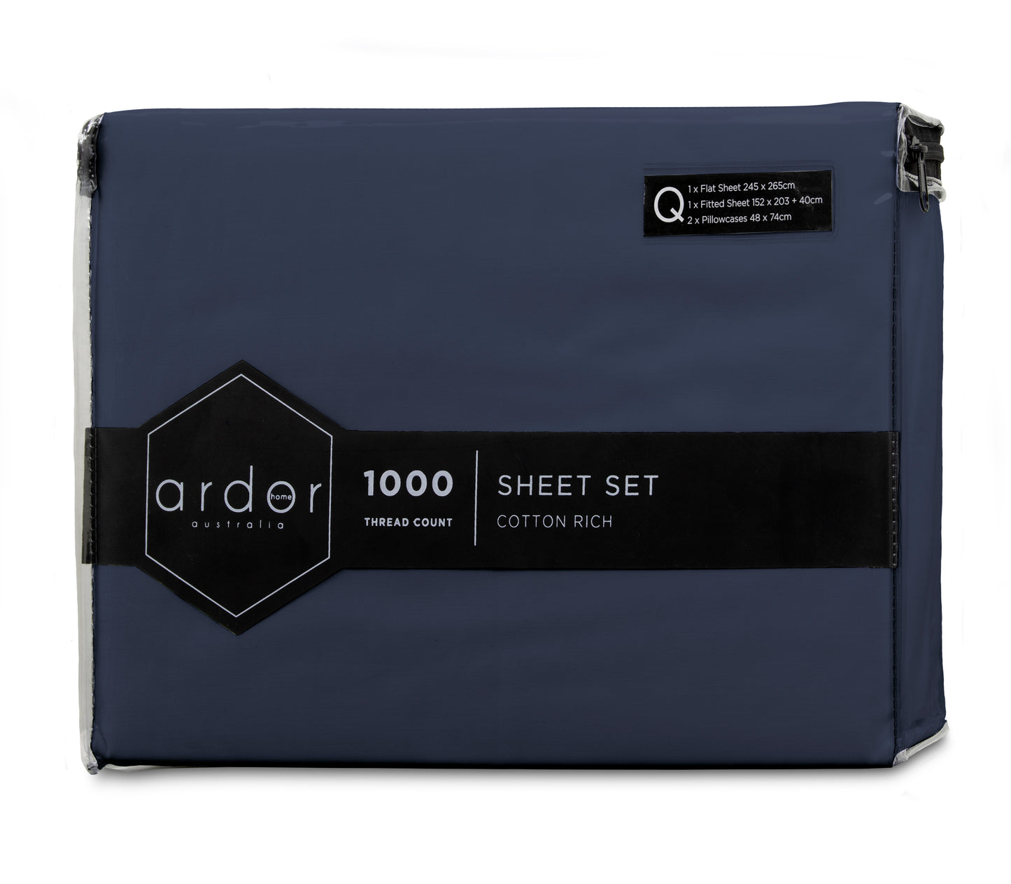 Navy sheet set package with thread count label and cotton rich branding