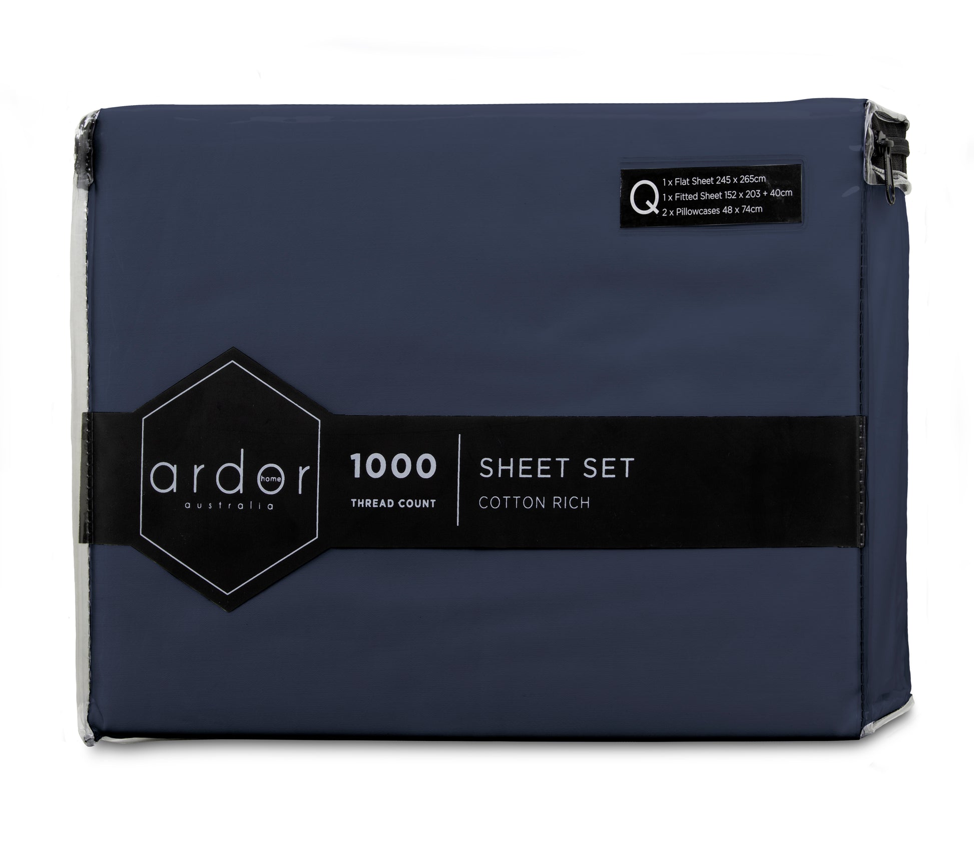 Navy sheet set package with thread count label and cotton rich branding