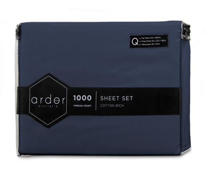 Navy sheet set package with thread count label and cotton rich branding