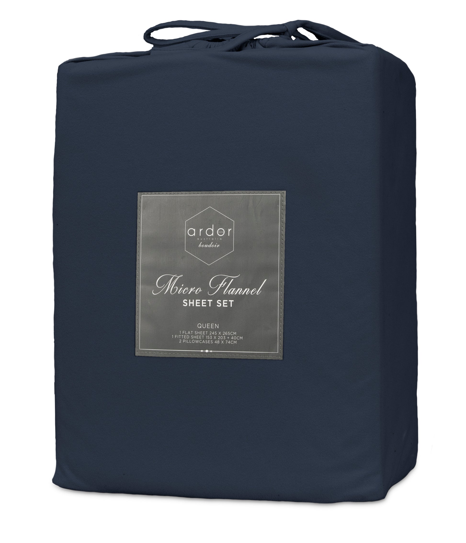 Navy micro flannel sheet set bag with ardor label, king