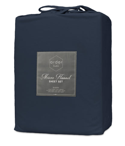Navy micro flannel sheet set bag with ardor label, king
