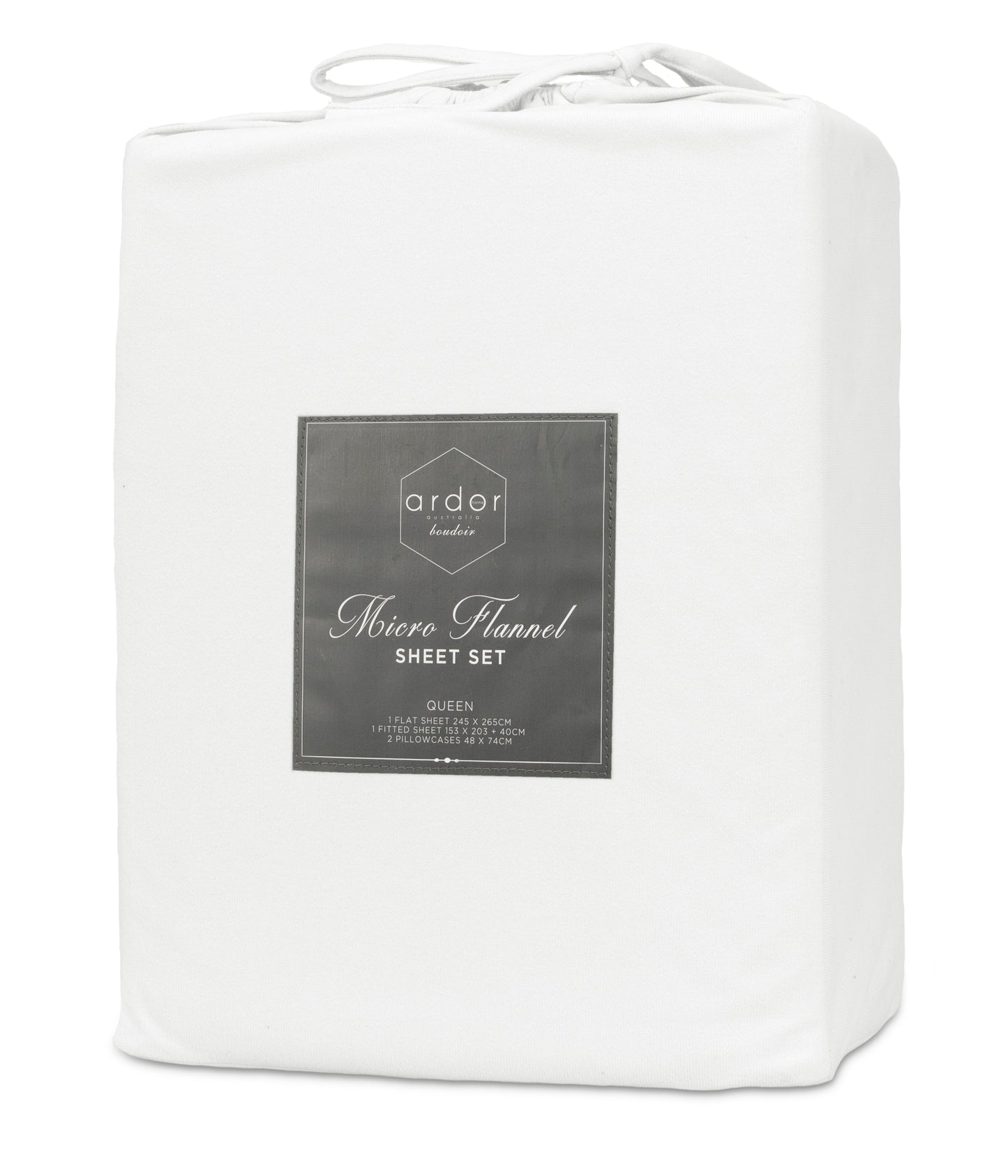 White sheet set package with front label reading micro flannel sheet set