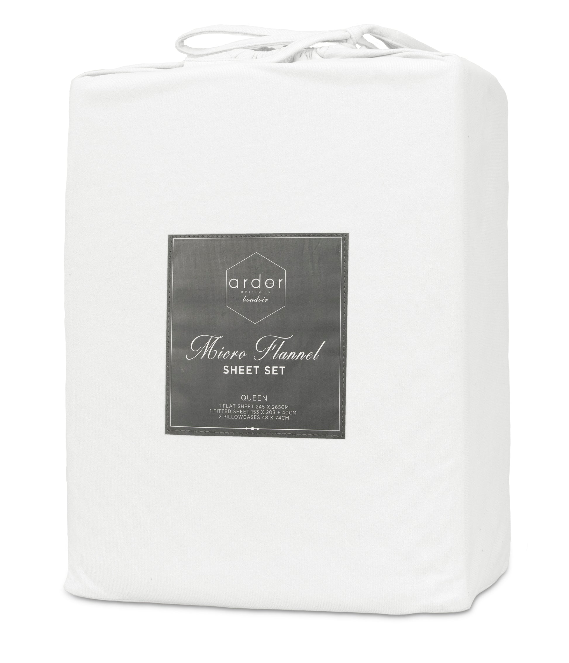 White sheet set package with front label reading micro flannel sheet set