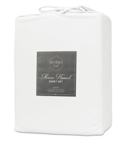 White sheet set package with front label reading micro flannel sheet set