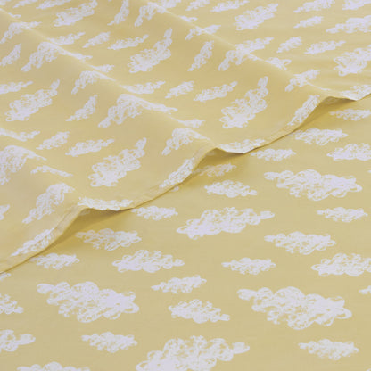 Cloud-pattern bed sheet, yellow with white cloud prints and soft draped folds