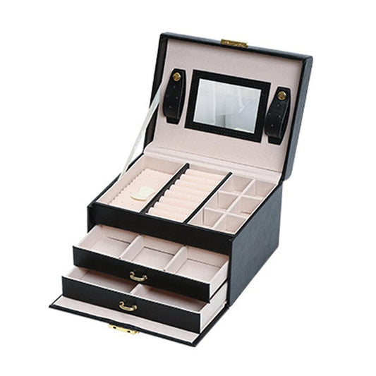 Black jewelry box with mirror lid and double drawers, lockable storage case