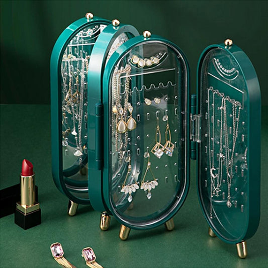 Teal foldable jewelry organizer screen with three open panels and hanging necklace hooks