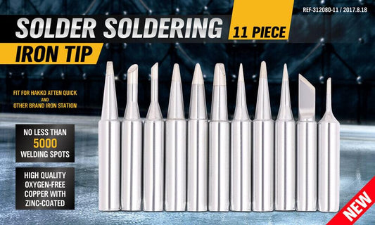 Soldering iron tip set with 11 pointed silver tips, assorted shapes
