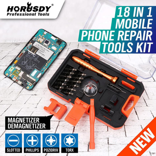 Mobile phone repair tool kit, black/orange case, screwdriver bits and driver.