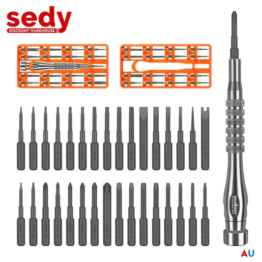 Precision screwdriver bit set with orange case, including multiple metal bits and driver