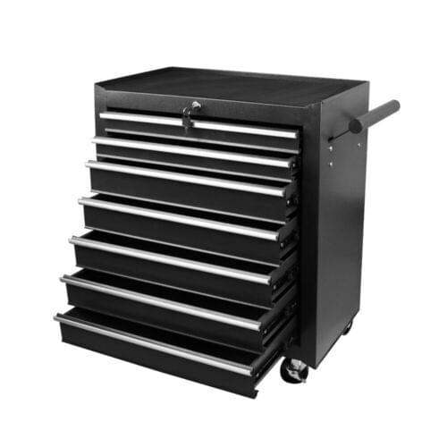 Black 7-drawer tool trolley cabinet with side handle and caster wheels