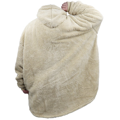 Cream plush pullover hoodie blanket with hood and long sleeves