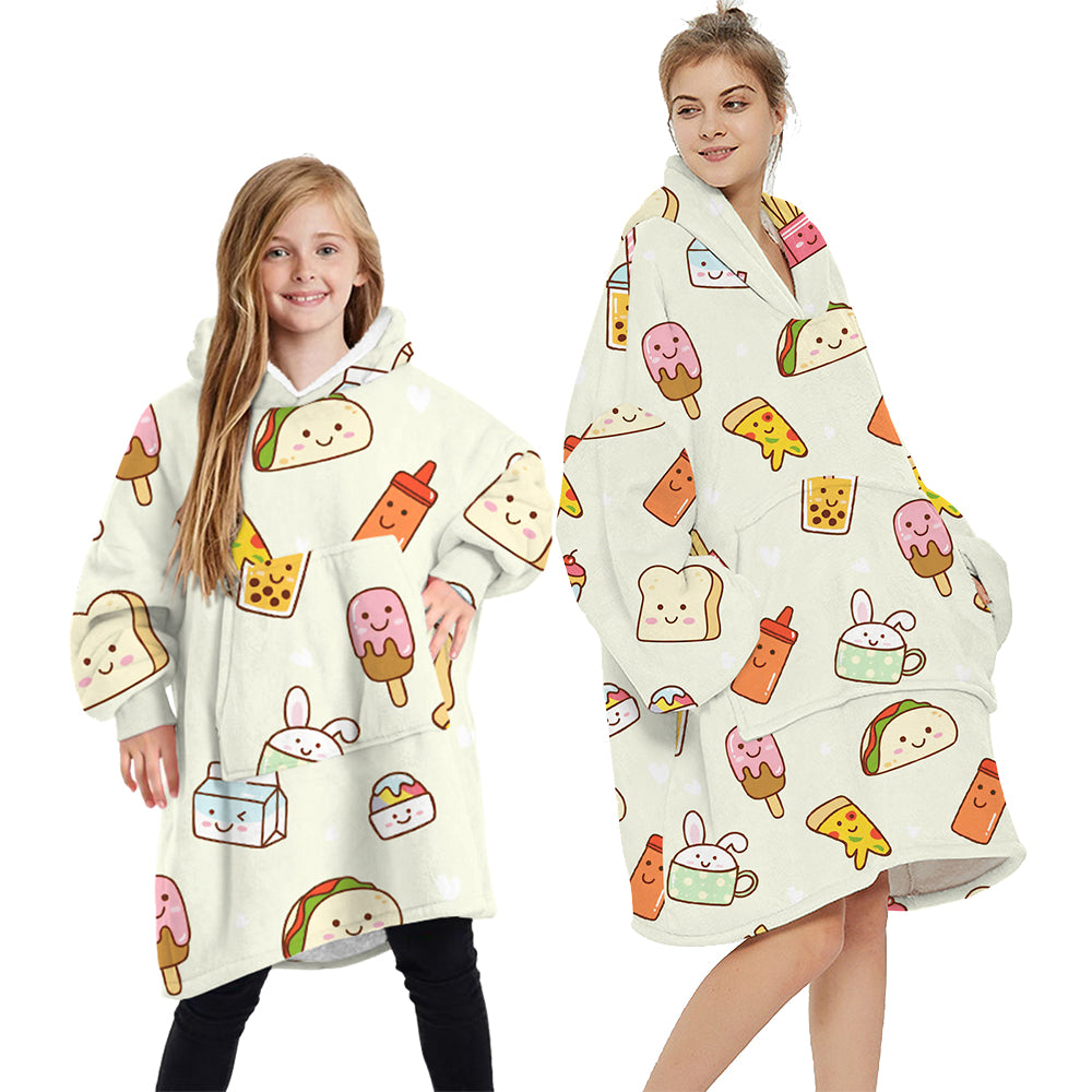 Oversized pullover hoodie blanket in light cream with cute food character prints, hooded