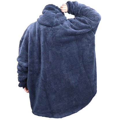 Oversized fleece hoodie blanket in dark blue, pullover style with hood