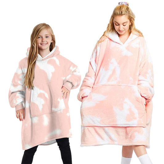 Oversized fleece pullover hoodie blanket, pink tie-dye with hood and front pocket