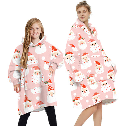 Pink plush pullover hoodie blanket with hood and Santa print, front pocket