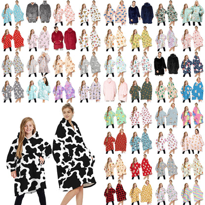 Oversized plush pullover hoodie blanket with hood, assorted colors and patterns