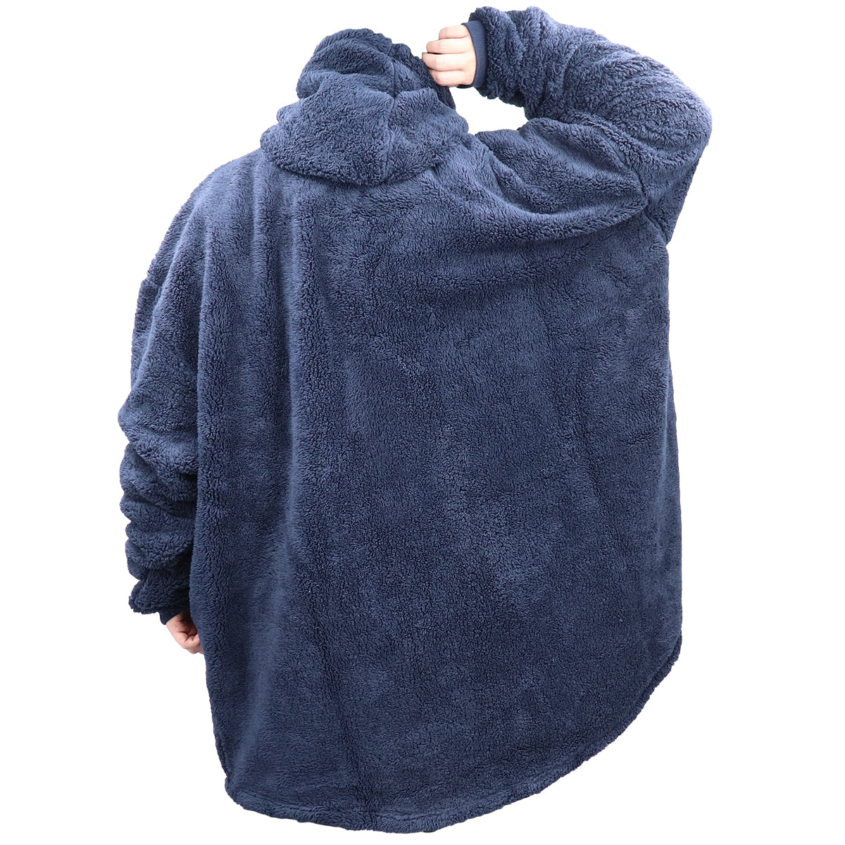 Navy plush pullover hoodie blanket with hood, large front pocket