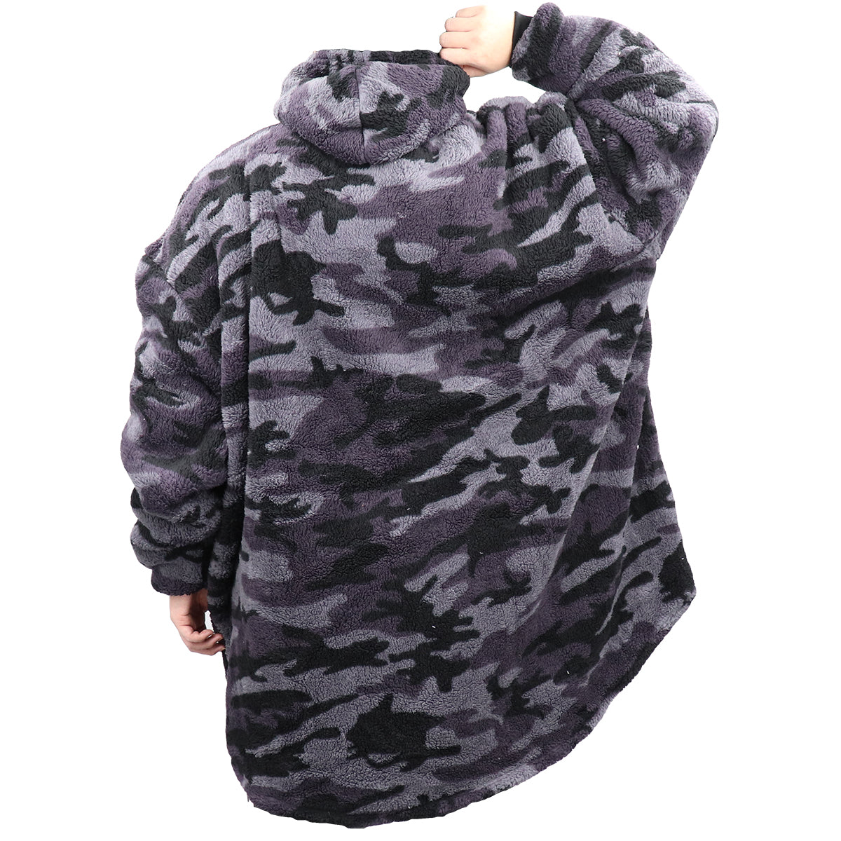 Charcoal camo plush pullover hoodie blanket with hood and front pocket