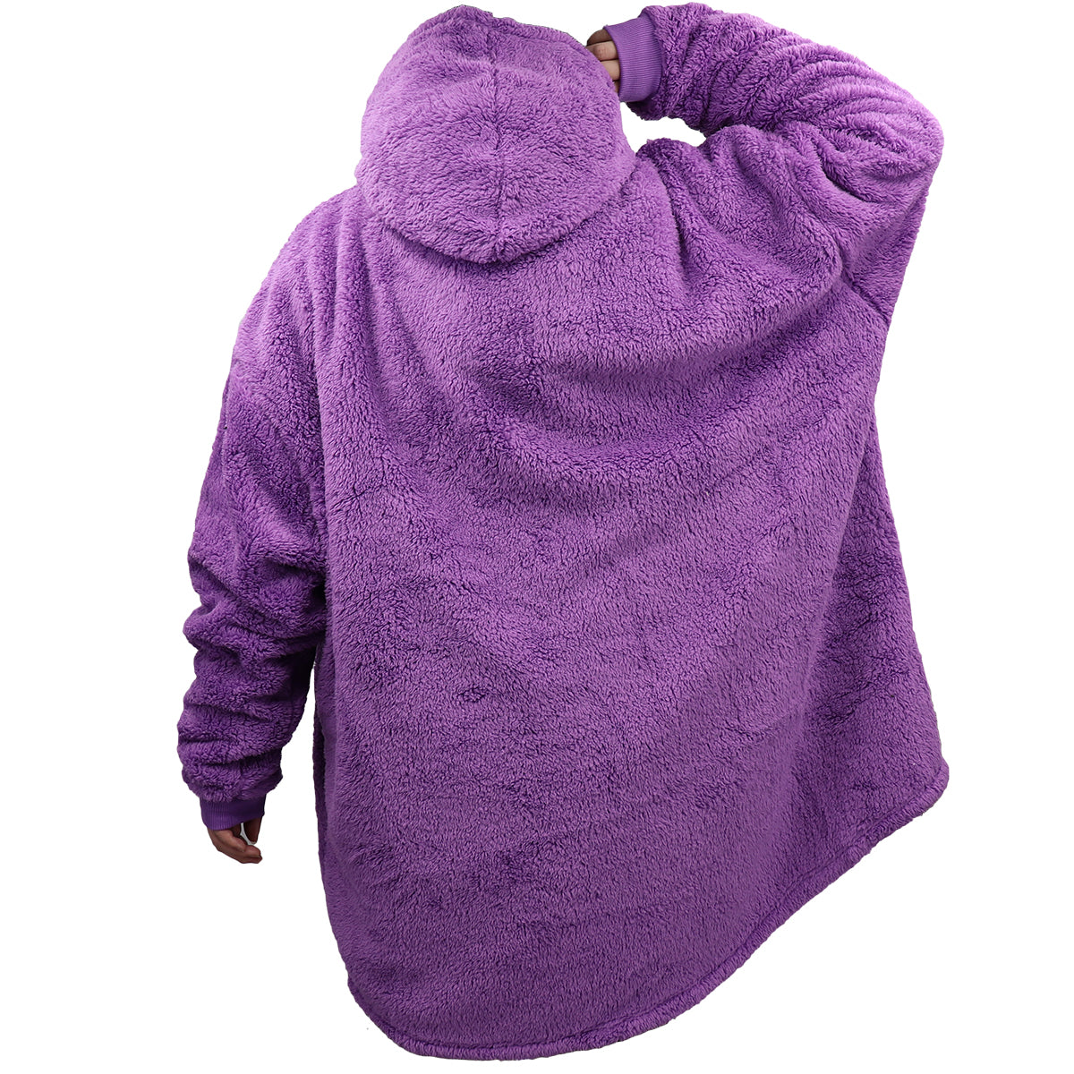 Purple plush pullover hoodie blanket with hood and front pocket