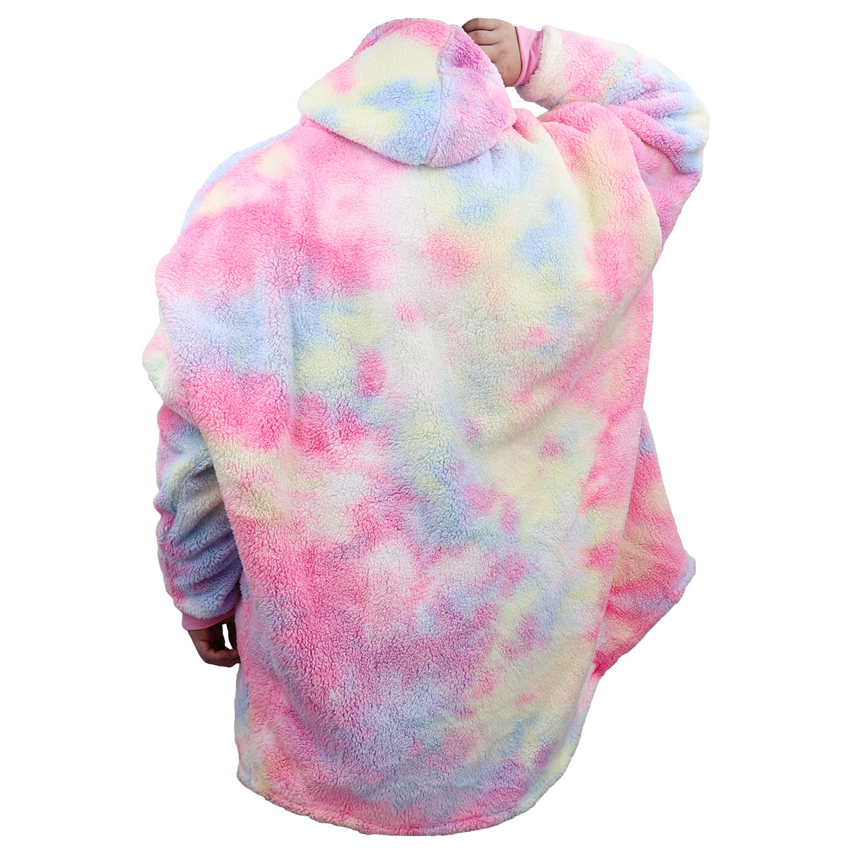 Pink, blue, and yellow tie-dye plush pullover hoodie blanket with hood