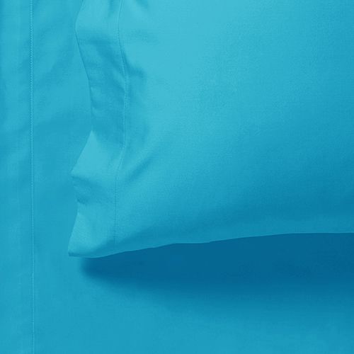 Light blue fitted sheet seam and gathered edge close-up
