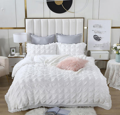 Ruffles Textured Jacquard King Size white Duvet Quilt Cover Set