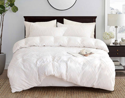Tufted Diamond Jacquard Super King Size White Duvet Quilt Cover Set