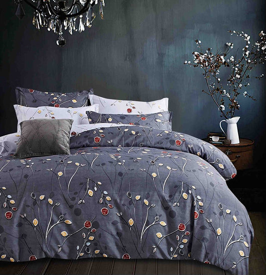 Blue duvet cover set with colorful floral branch pattern, includes matching pillowcases