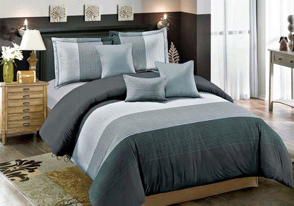 King-size duvet quilt cover set in blue and dark gray stripes, with shams and pillows