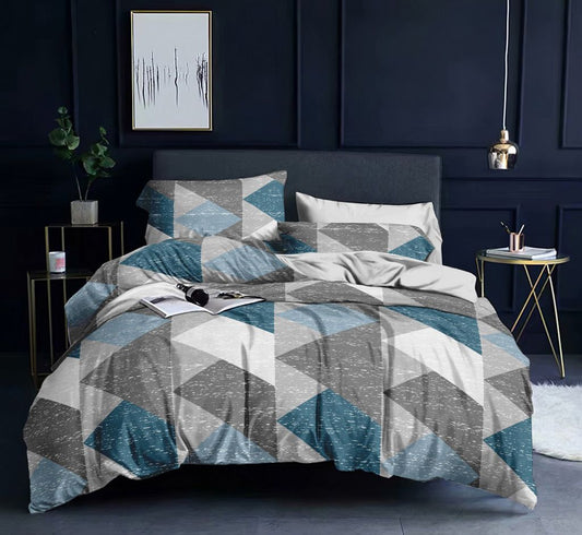 King size duvet cover set with geometric teal, blue, and gray square pattern and matching pillowcases