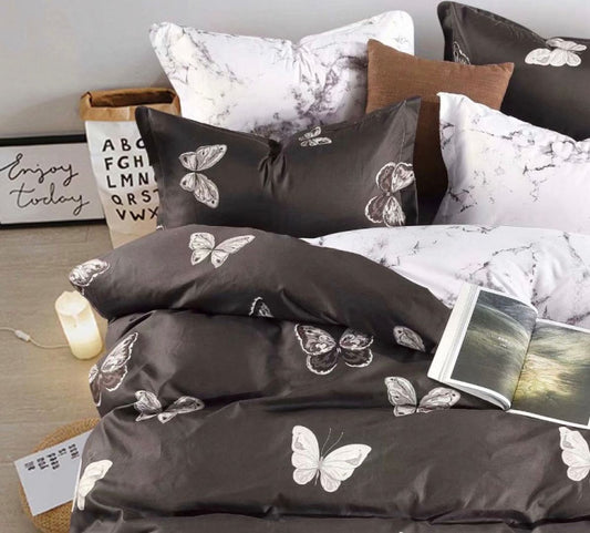 Butterfly quilt/duvet cover set, black base with white butterflies and matching pillowcases